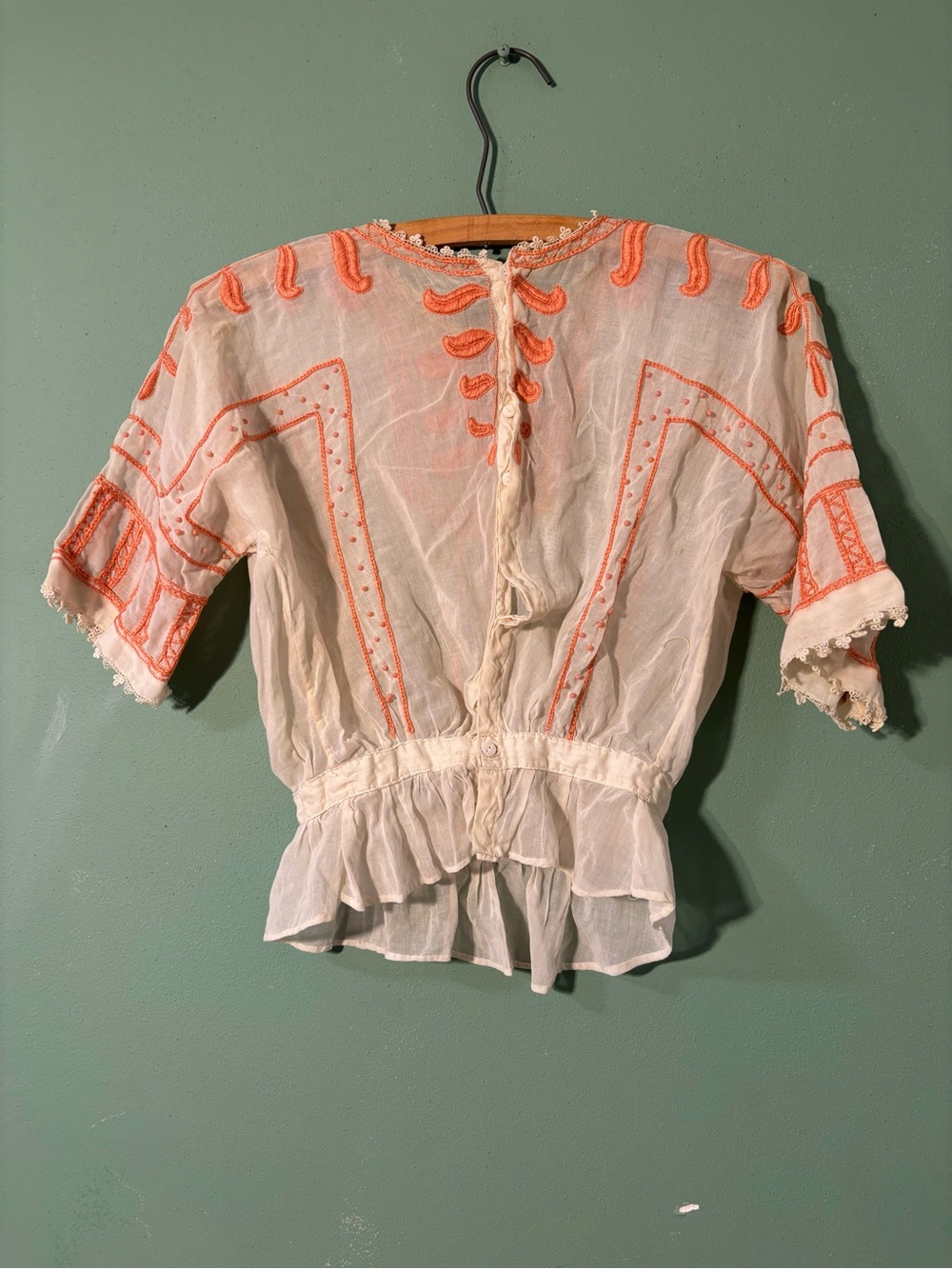 ANTIQUE Edwardian Embroidered White Peasant Blouse with Coral Beading - Picture 5 of 6